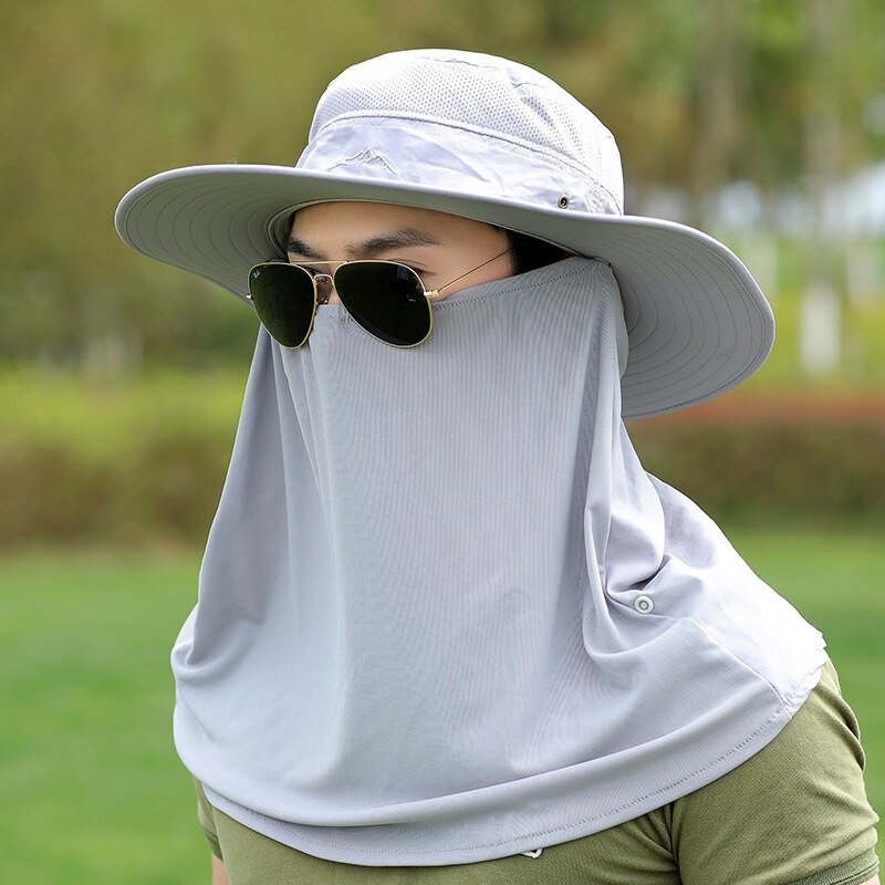 Höstsolhatt män kvinnor hinkhatt med nackskydd utomhus uv-skydd stort brett rand vandringsfiske mesh andas mössa: Qj1297qh