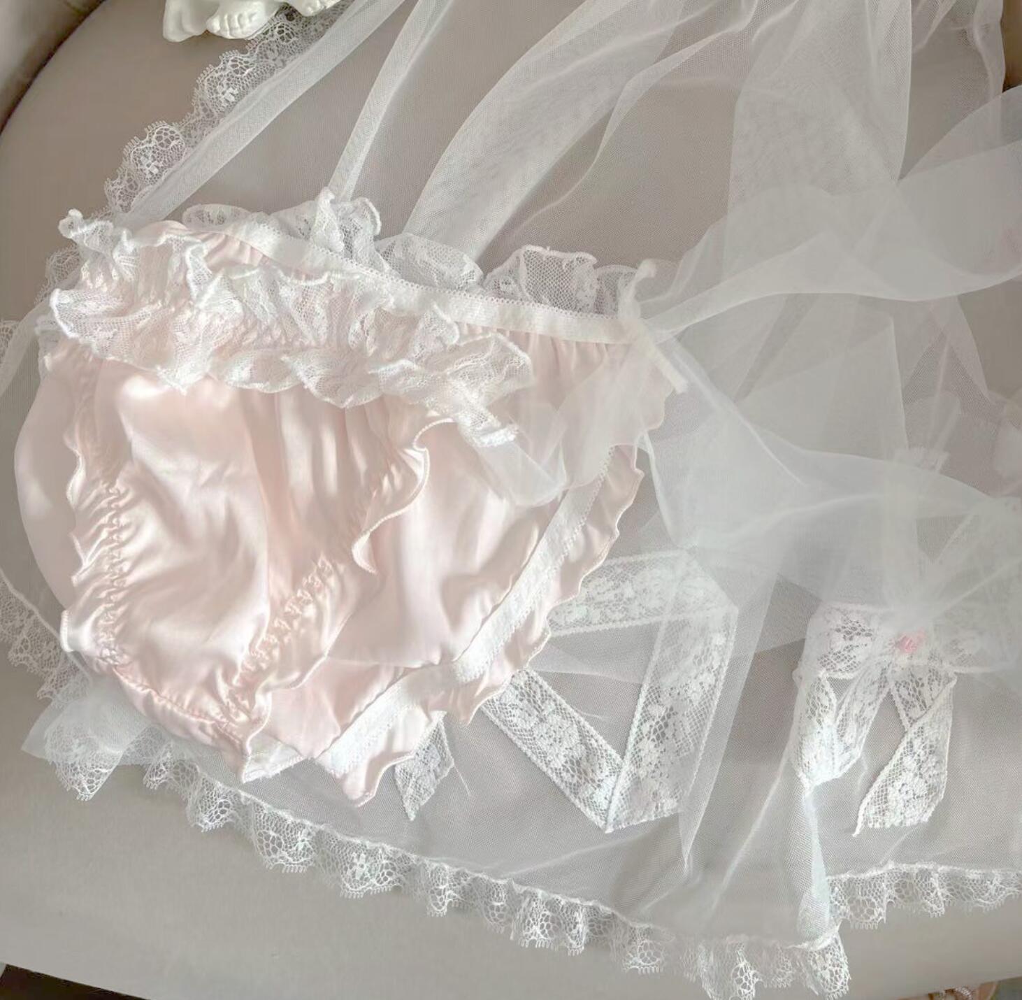 Bragas sexys de Lolita Kawaii, ropa interior de satén sedoso con encaje y volantes laterales, , M, L, XL,: Rosa / L