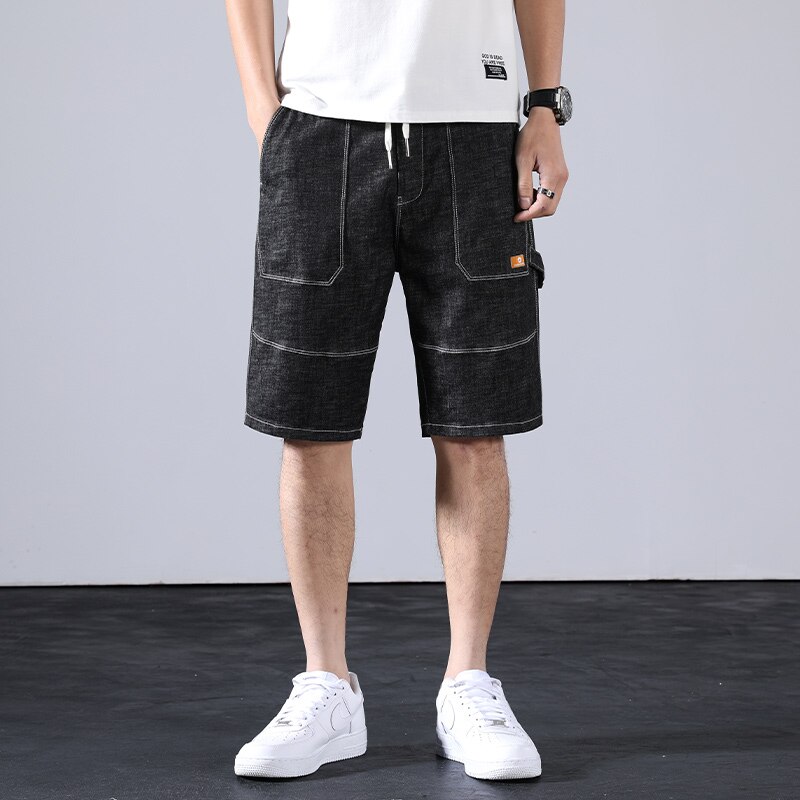 Men Solid Color Black Jeans Shorts Cool String Big Pocket Men Denim Shorts Straight Outdoor Knee Length Jeans Pants 28-38: 38