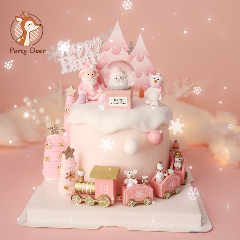 Pink Christmas Tree Bear Santa Claus Xmas Cake Topper for Birthday Party DecorationLove Baby Shower Baking Supplies