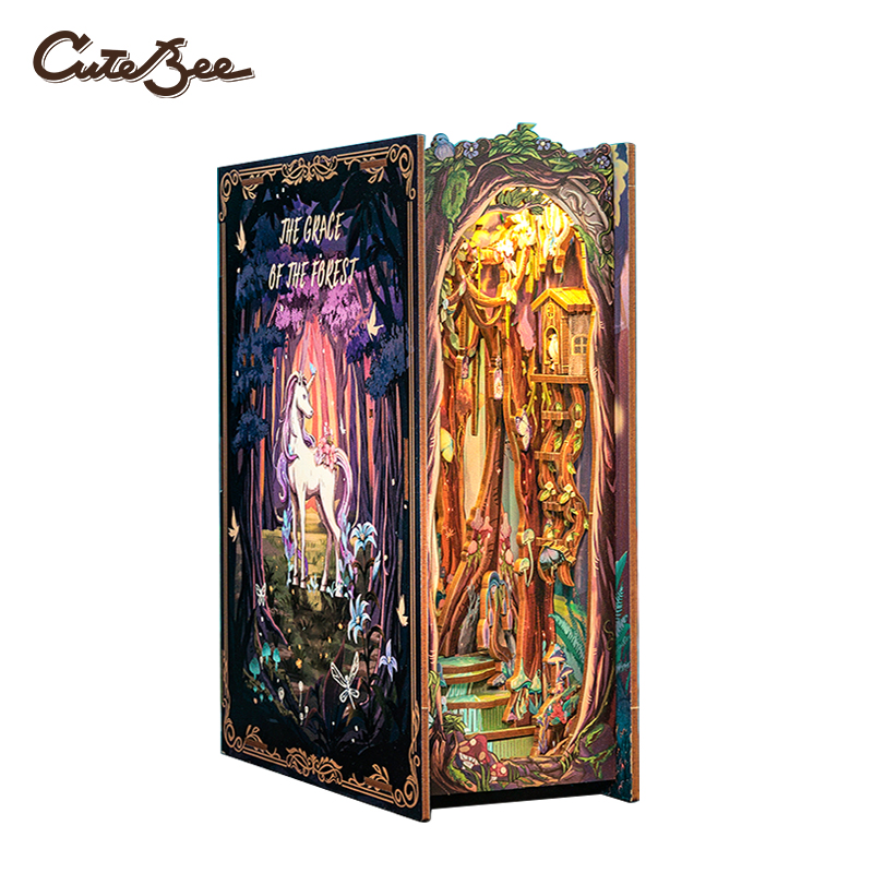 CUTEBEE Puzzle 3D DIY Book Nook Kit Wooden Bookend with Touch Light Secret Rhythm Music Booknook Building Decoration Model: green