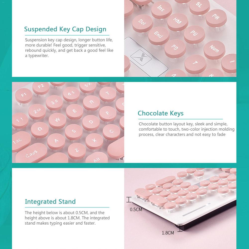 Portable Retro Pink Keyboard Mouse Kit Wired Steampunk Gaming Keyboard with Round Key Cap Multimedia Button Keyboard Mouse Set