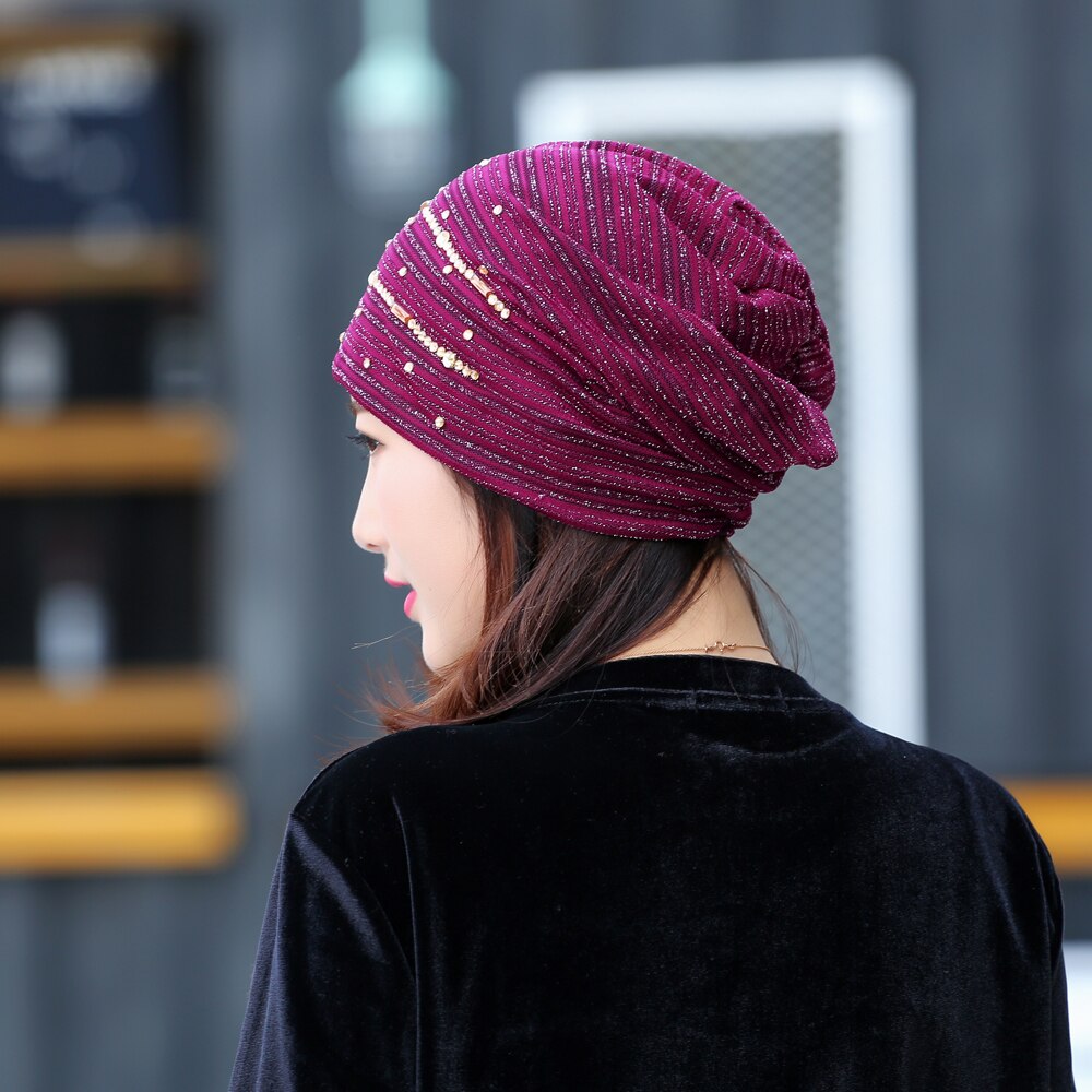 Lace Striped Rhinestones Beanie Hats For Women Casual Diamond Turban Bonnet Caps Female Thin Skullies E Gorros Mulheres