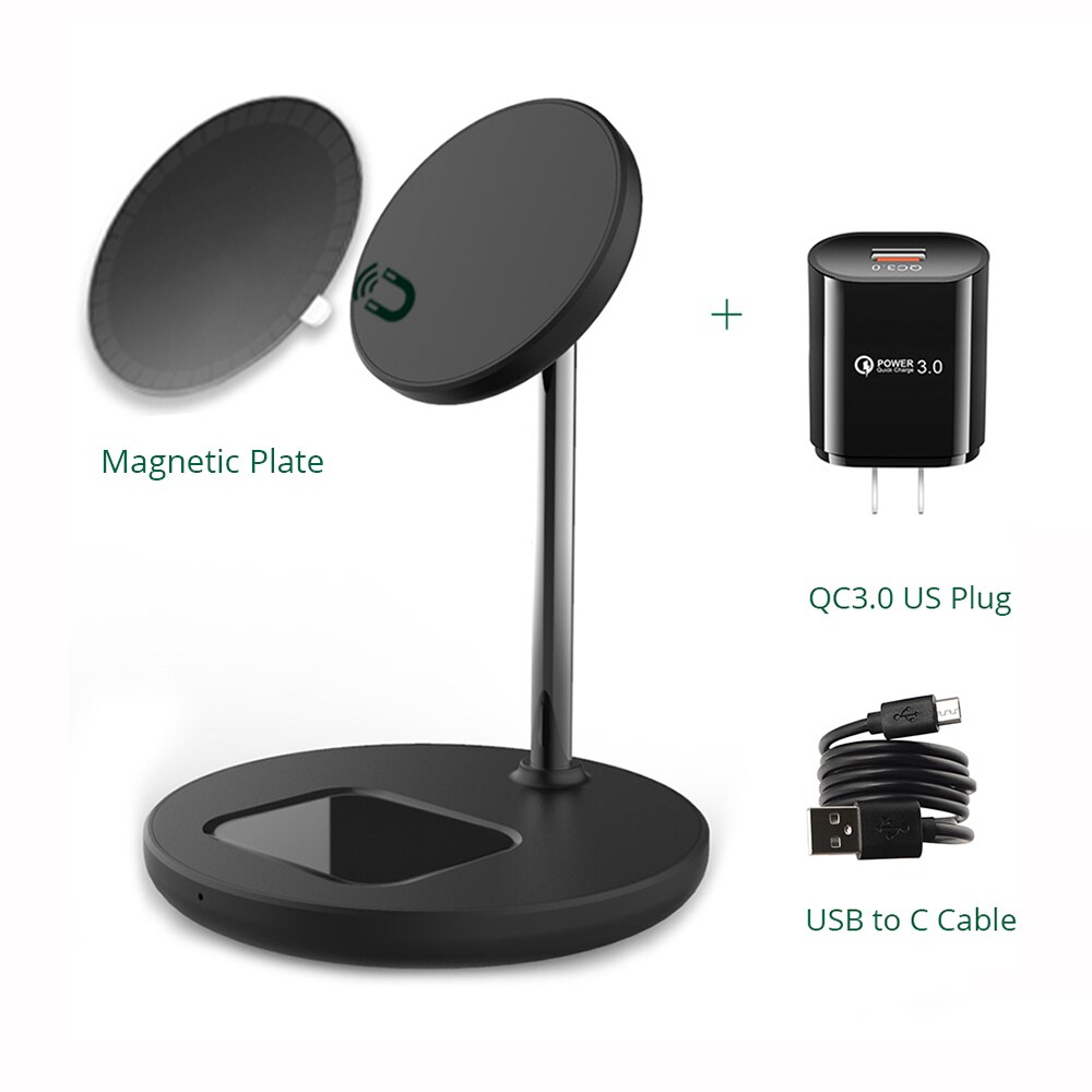 Magnetic Wireless Charger 2 in 1 Stand For iPhone 13/12 Pro/11/X Desktop Phone Holder 15W Qi Wireless Charging For Airpods 2 3: Black US Magnet