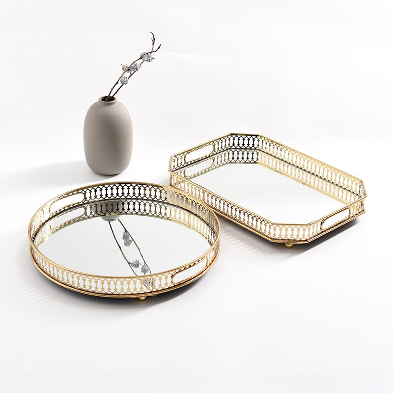 Europeisk stil smijern gylden glassbrett speilbunn metallbrett stue lys luksus smykker oppbevaringsbrett fruktbrett