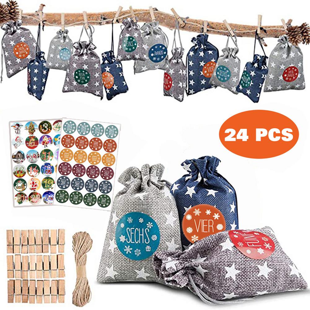 Christmas Pattern Candy Bag 1-24 Advent Bundle Calendar Countdown Jute Bag Candy Storage Pouch DIY Christmas Advent Calendar Bag: F