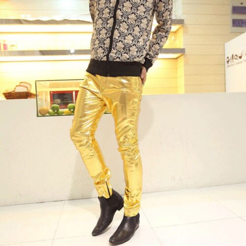 Nuevos pantalones ajustados de piel sintética para hombre, pantalones dorados plateados brillantes, trajes de a la para cantantes y bailarines
