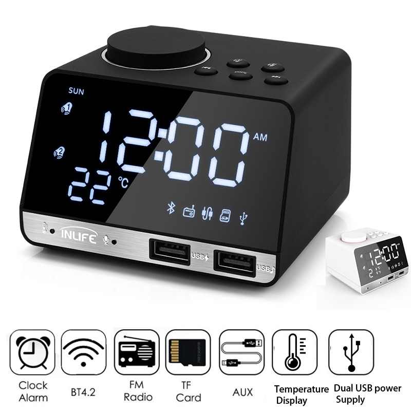 Bluetooth 4.2 Radio Alarm Clock Temperature Speaker With 2 USB Ports LED Digital Alarm Clock Snooze Table Clock Home Decor