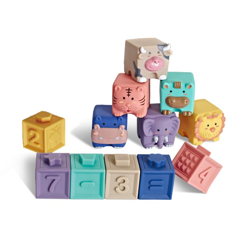 Silicone Building Blocks for Baby Teethers Toys Soft 3D Cartoon Animal Number Early Education Puzzle Bath Toy Boys Girls