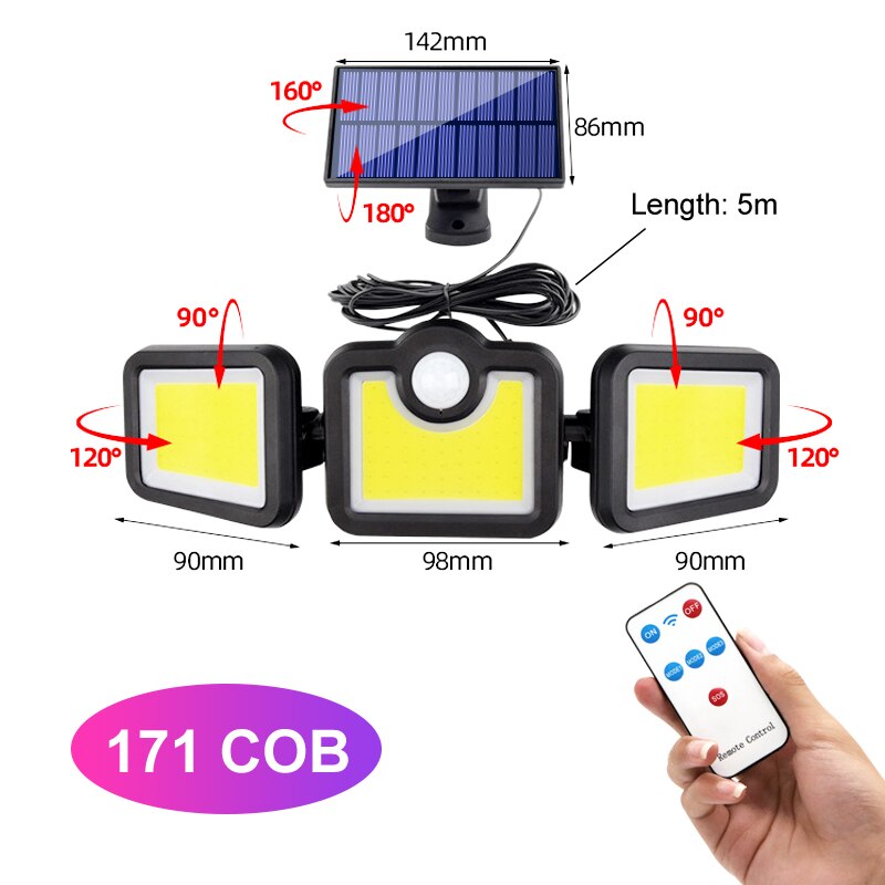 Solar LED Light Outdoor 108 LED 3 Head Motion Sensor Remote Control Lamp 270 Wide Angle Illumination Wall lamp Flood Lights: Separation-171 COB