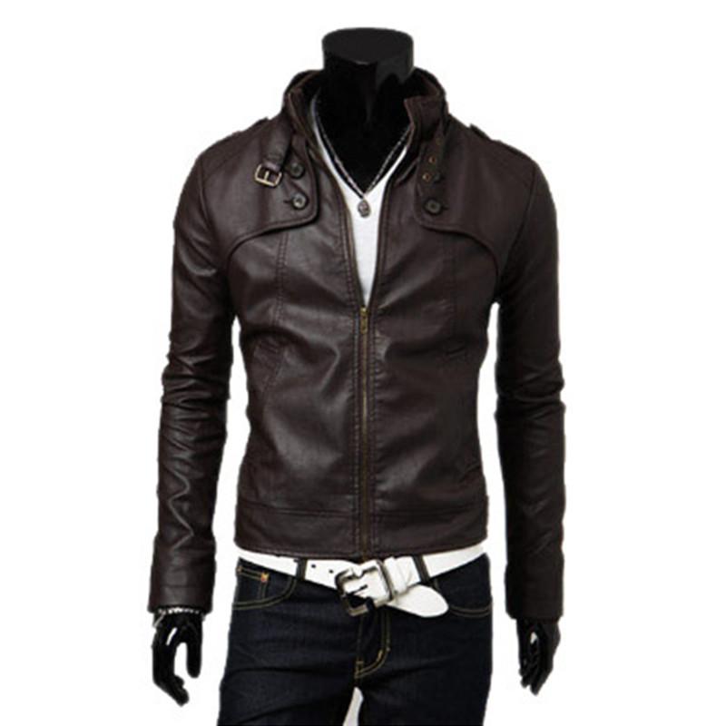Motorcykel smal pu konstläderjackor herr dj jackor herr jaqueta de couro masculina herr skinnjackor nitar: Mörkbrun / Xxl