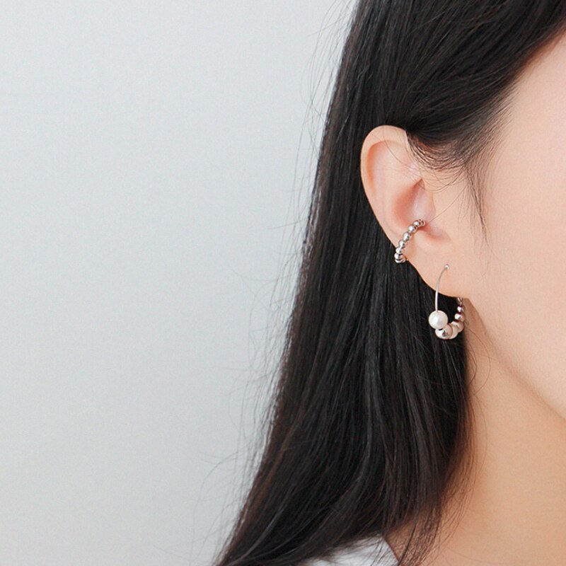 F.I.N.S 1PC Korean S925 Sterling Silver Ear Buckle Classic Geometric Beaded Earrings Gold Silver Clip Earrings without Piecing