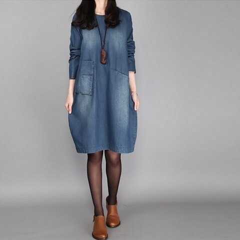 Maternity Denim Autumn Dress Long Sleeve O-Neck Loose With Pocket Dresses for Pregnant Women Pregnancy Comfortable Clothes