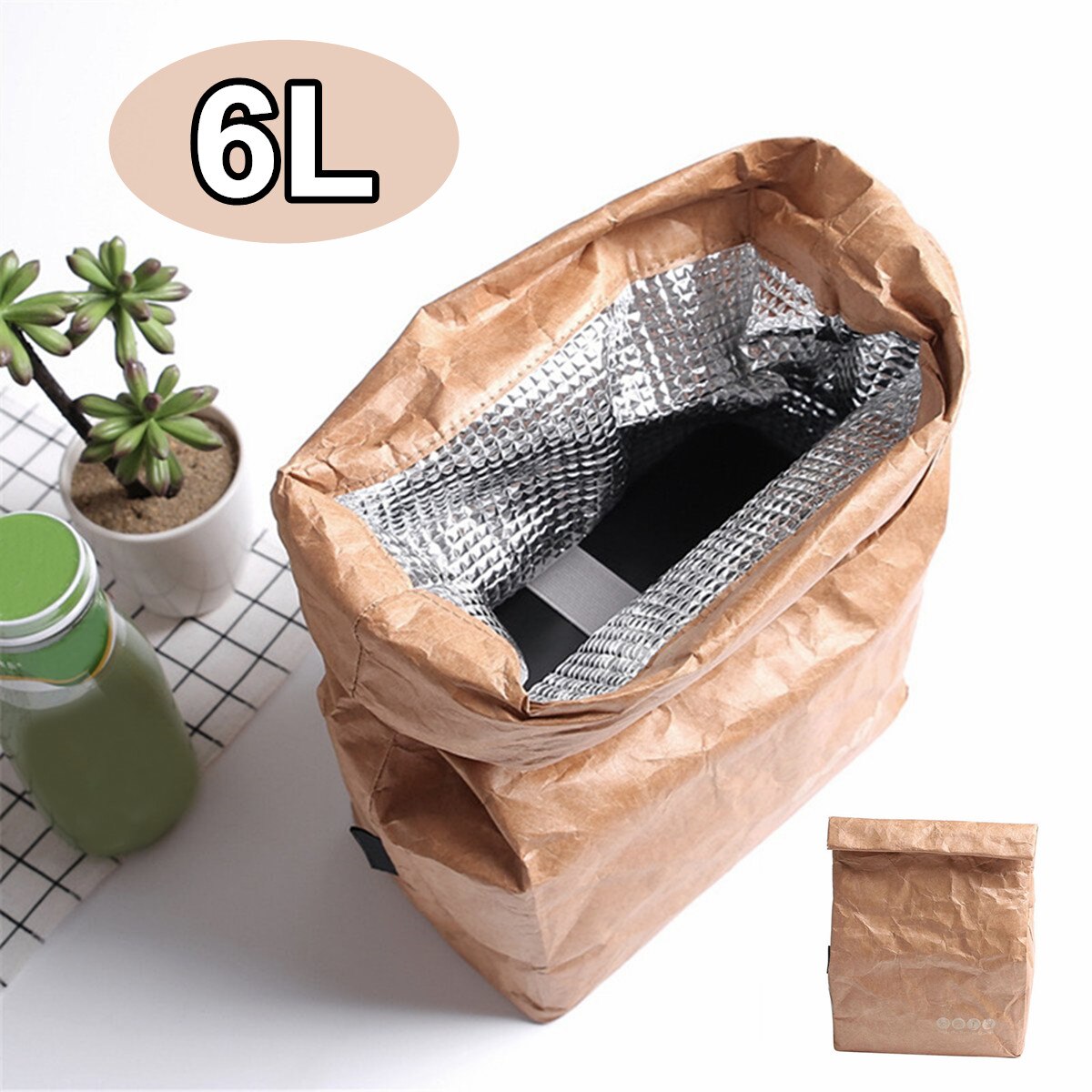 6L Kraft Paper Lunch Bags For Women Men Environment Waterproof Insulated Cooler Bags Thermal Aluminum Foldable Picnic Bags