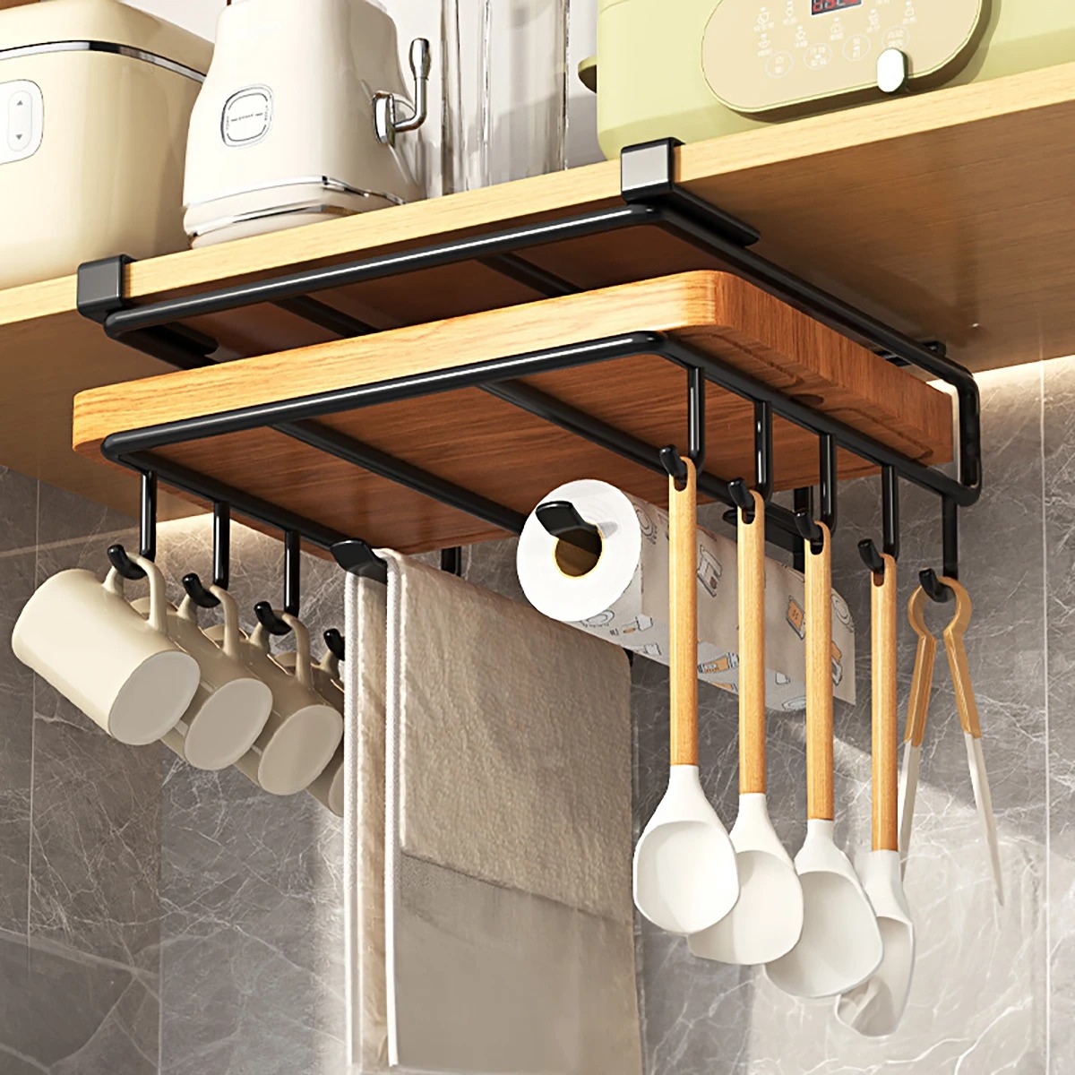Kitchen Hanging Organizer Rack with Hooks Under Cupboard Paper Towel Rags Hanger Cutting Board Pot Cover Holder Storage Shelf: DARK GRAY