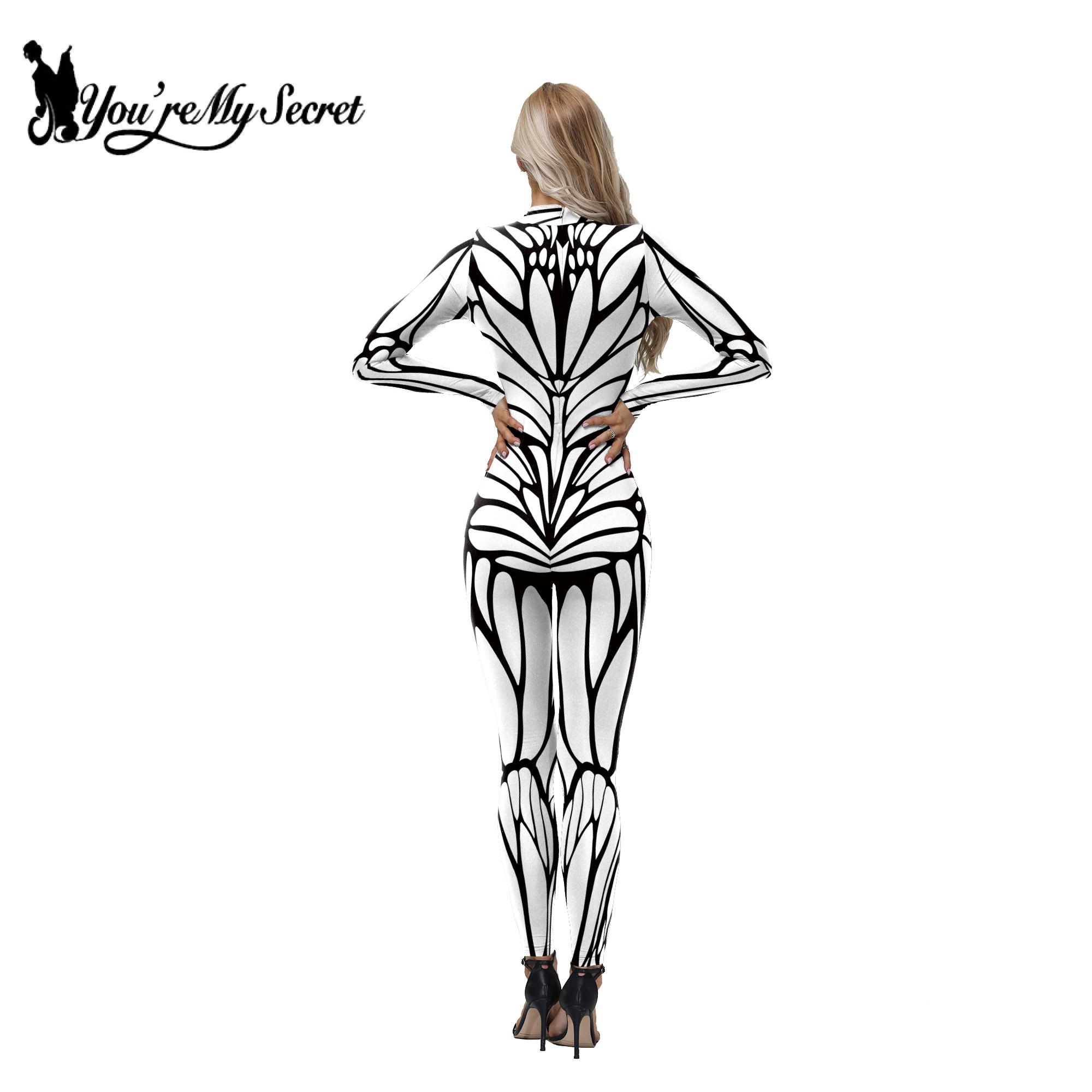 [du er min hemmelighed] halloween sort/hvid sommerfuglelinje cyber sort/hvid mønster bodysuit dame zentai-dragt