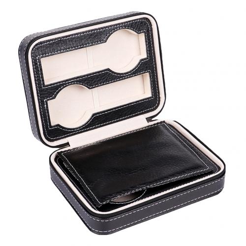 Zippered Leather Watch Display Case 2/4/8 Grids Watch Storage Bag Case Holder Watches Organizer Box: Black 4 Grids
