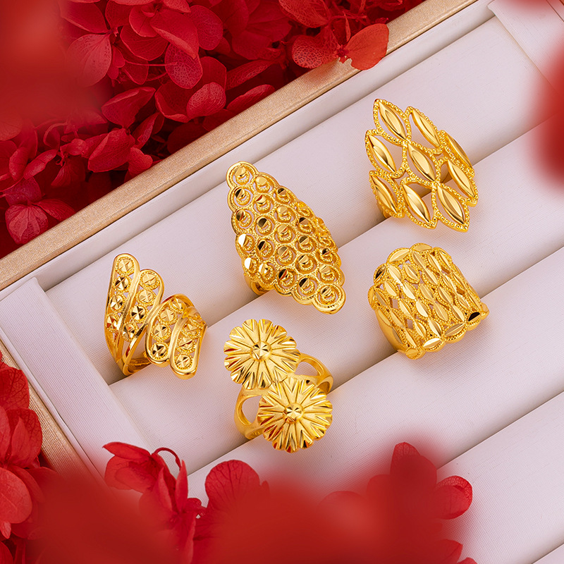 Anillo grande de flor exagerada hueca para mujer, anillos de oro amarillo Real de 18k para mujer, anillo de de boda, , joyería de flores para mujer