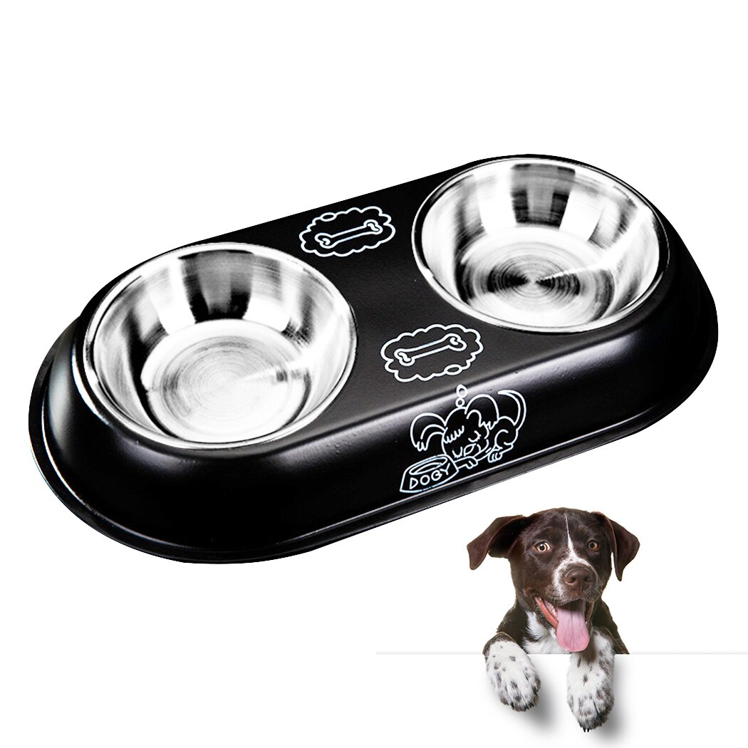 Honden- en kattenvoerbakken van roestvrij staal, dubbele voerbakken, voerbak, waterbak voor huisdieren, honden, katten, puppy's, voerbak voor buiten: Zwart