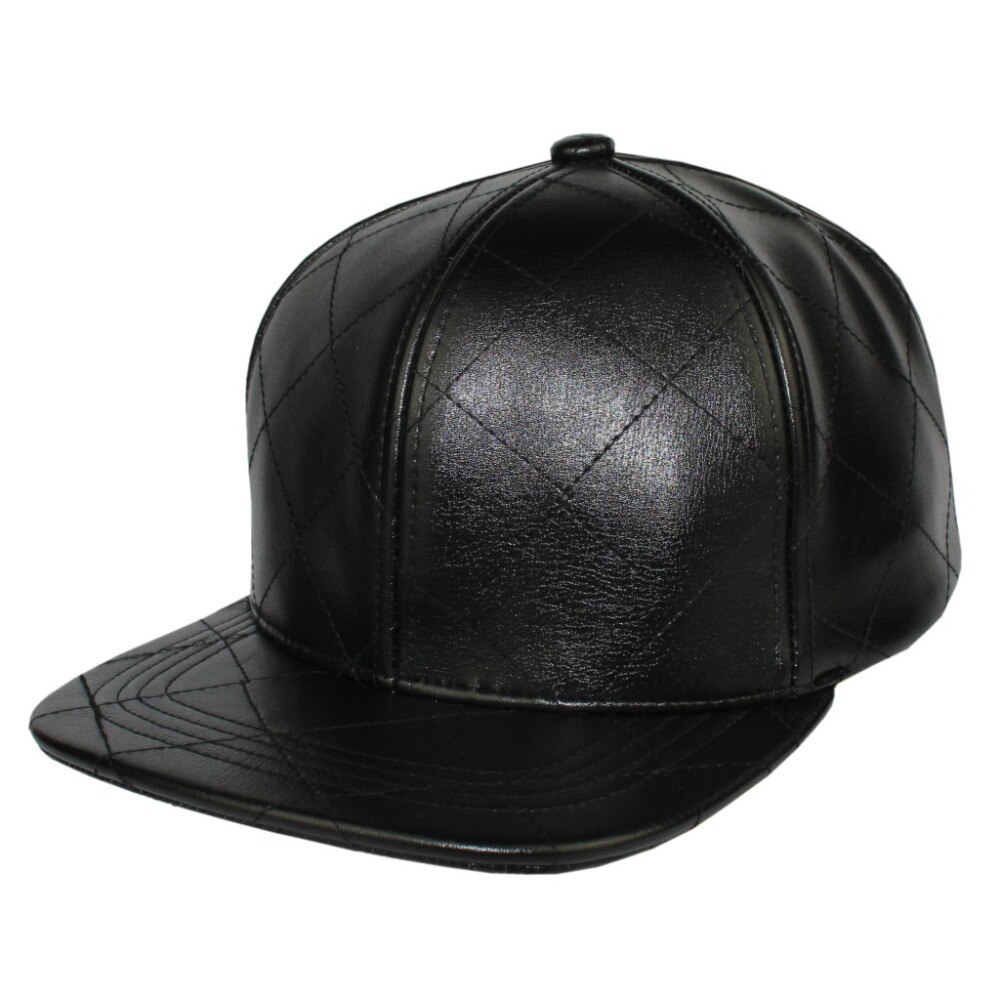 Quilt Faux Leather Urban Snapback Flat Brim Metal Buckle Hip Hop Streetwear Black Solid Baseball Cap hat Men