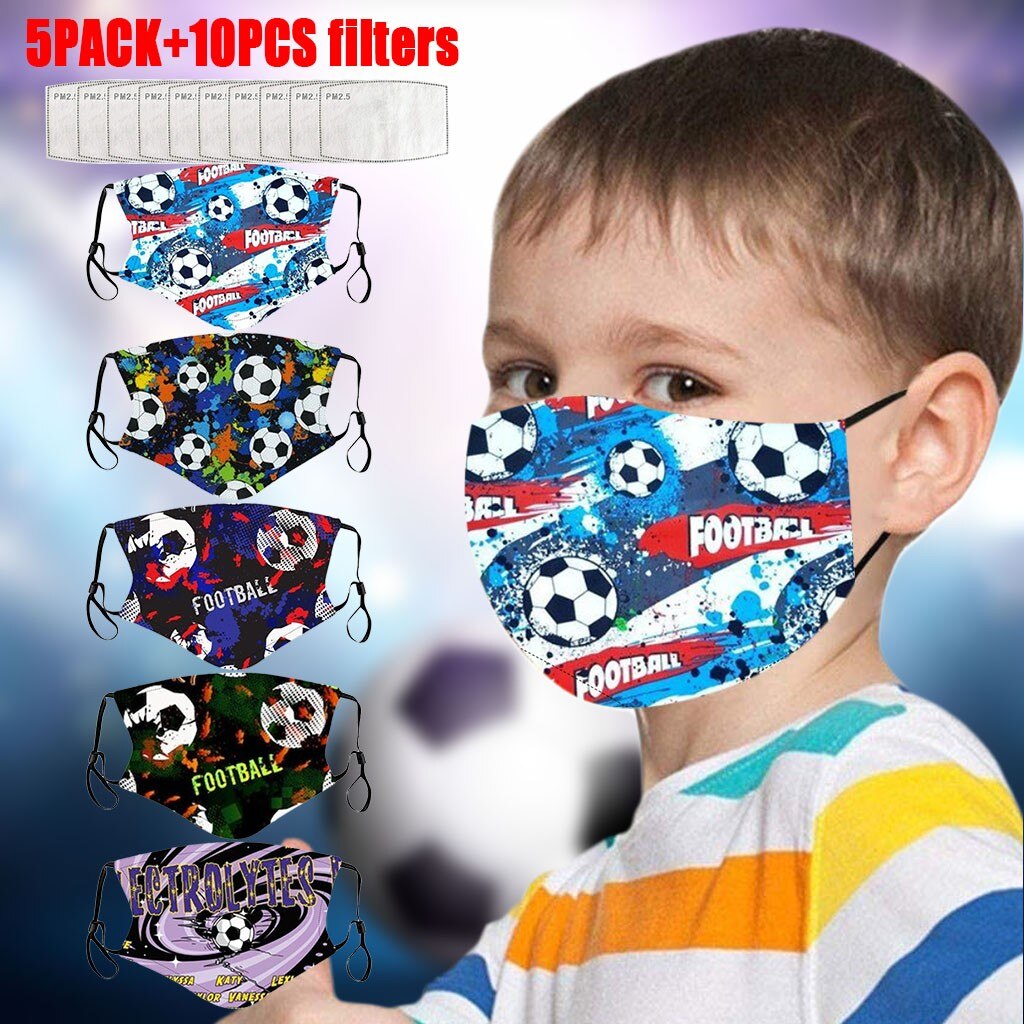 5Pcs Ski Fasemask Kids With 10Pcs Filter Reusable Football Print Breathable Mascarillas Cotton Washable Maskes Balaclava Cap Hat: B