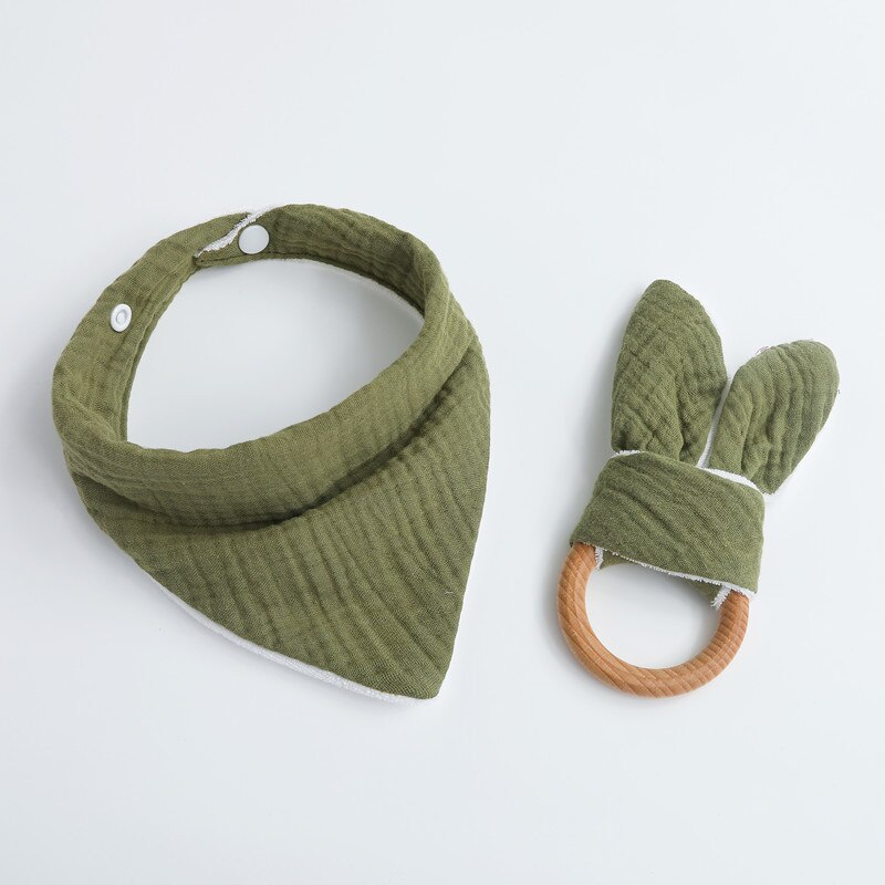 2 Stks/set Baby Jongen Meisje Driehoekige Sjaal Speeksel Tissue Molars Ring Houten Bijtring Set Katoenen Mousseline Slabbetjes Effen Kleur Burp doek: green
