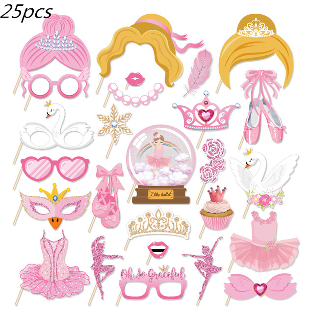 25pcs DIY Pink Ballet Photobooth Props Kids Happy Birthday Fairy Queen Crown Photobooth Props Baby Shower Party Decorations: Default Title