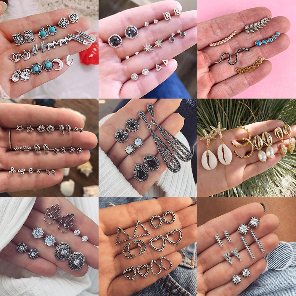 Böhmen Geometrische Kleine Stud Ohrringe Set Für Frauen Shell Blume Stern Hand Charme Ohrringe Mädchen Trendy Schmuck