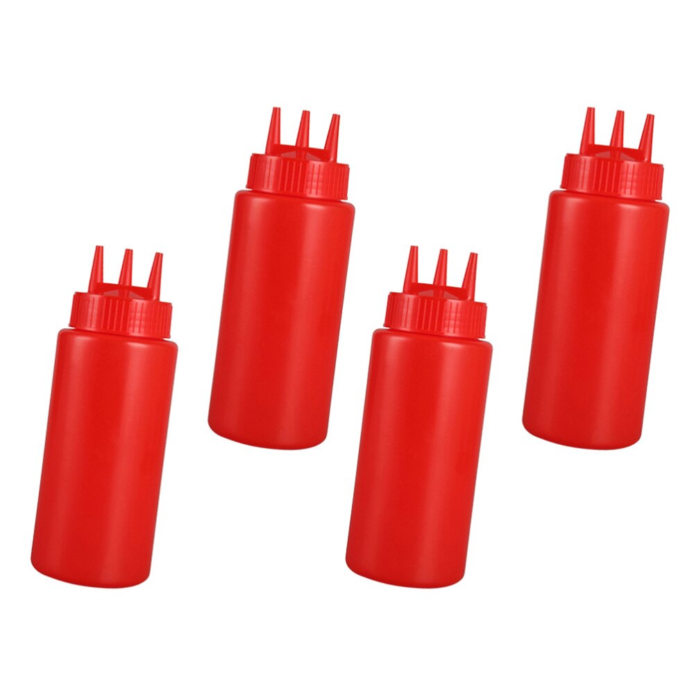 4pcs Jam Squeeze Bottles 3-hole Tomato Sauce Dispensers Kitchen Gadget for Salad Dressing Mustard (White, 12oz, 360ml): Red 1