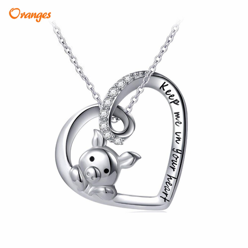 Women Copper plated silver Pig Pendant Necklace Piggy Jewelry Cute Hollow Heart Engraved"Keep Me in Your Heart" for Women Girls