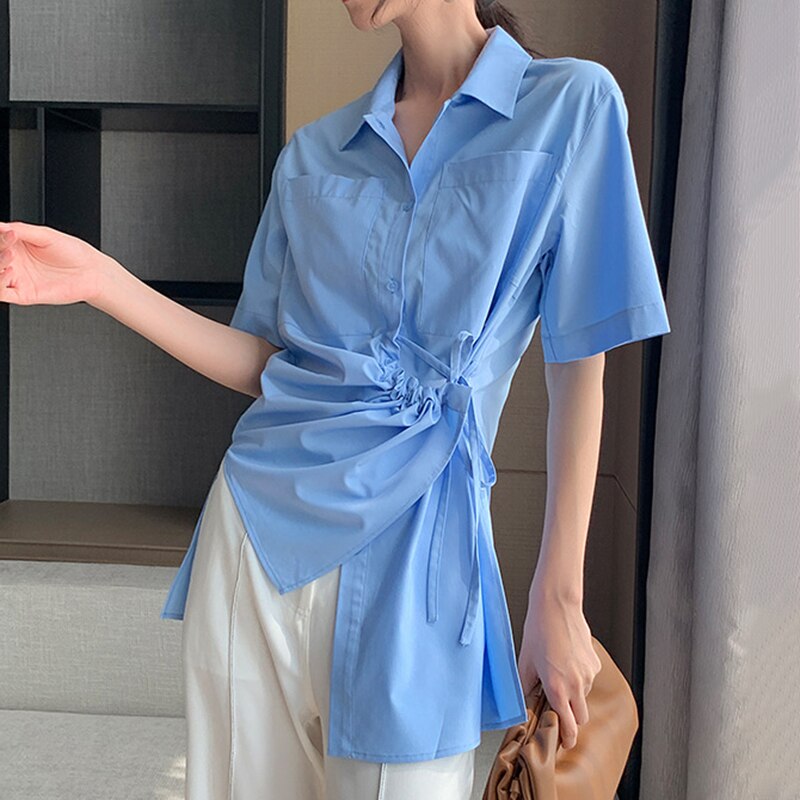 TWOTWINSTYLE Asymmetrical Women Shirt Lapel Collae Half Sleevel High Waist Irreguar Ruched Blouse For Female Clothes