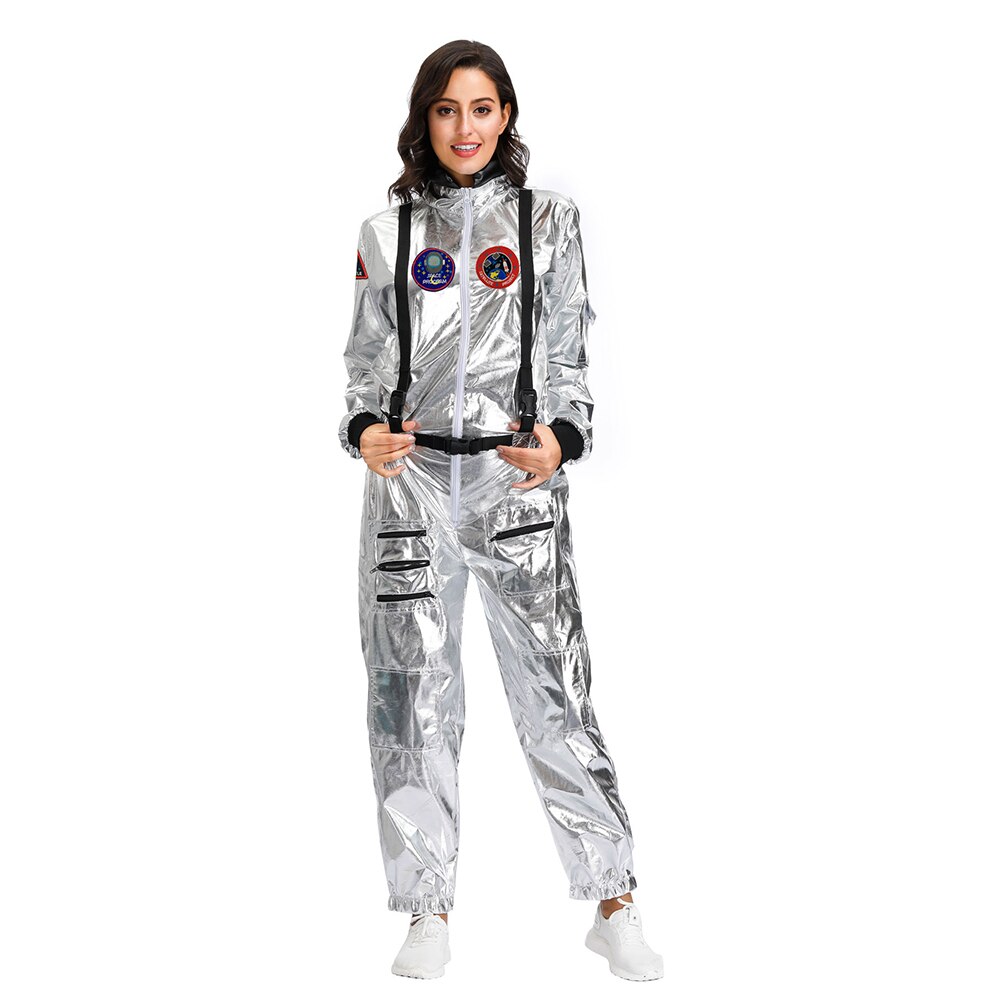 Plus size astronaut utomjordisk rymdman kostym vuxen kvinnor silver pilot outfit halloween dräkt i ett stycke jumpsuit