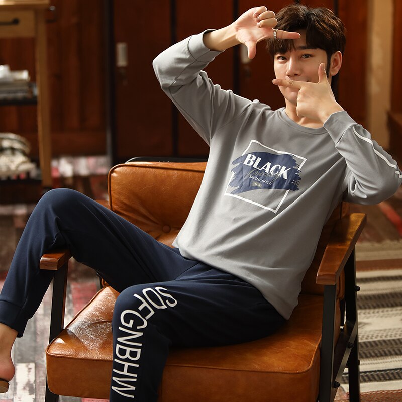 Brief Print Pyjama Mannelijke Herfst Pure Volledige Katoen Pyjama Set Voor Mannen Nachtkleding Pak Homewear Nachtkleding Lange Mouw Pijama Hombre