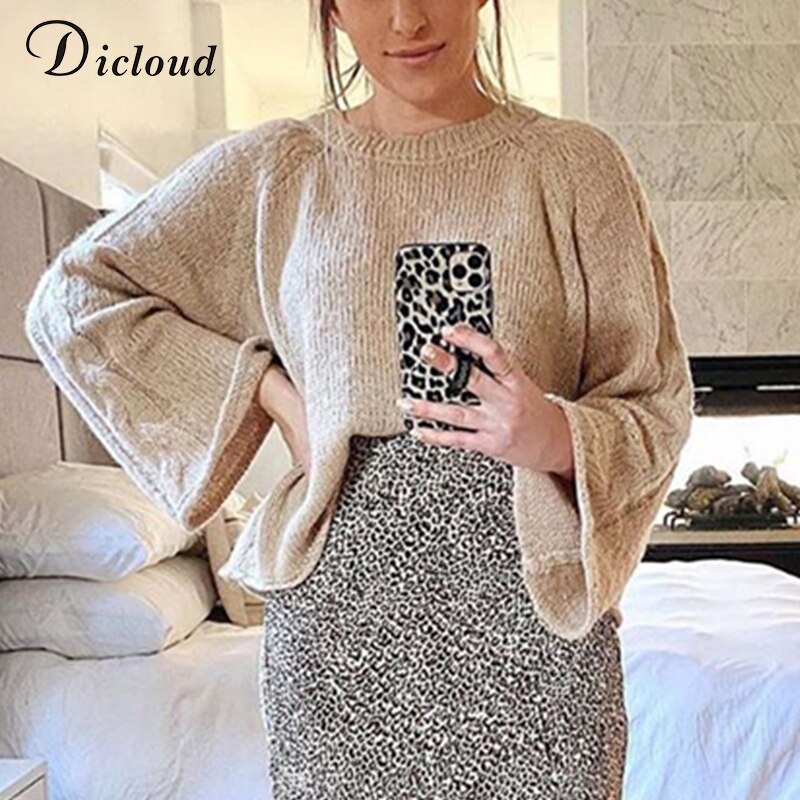 DICLOUD-suéter informal de manga larga acampanada para mujer, jerséis con cuello redondo, ropa lisa de otoño e invierno, prendas de punto holgadas de gran tamaño