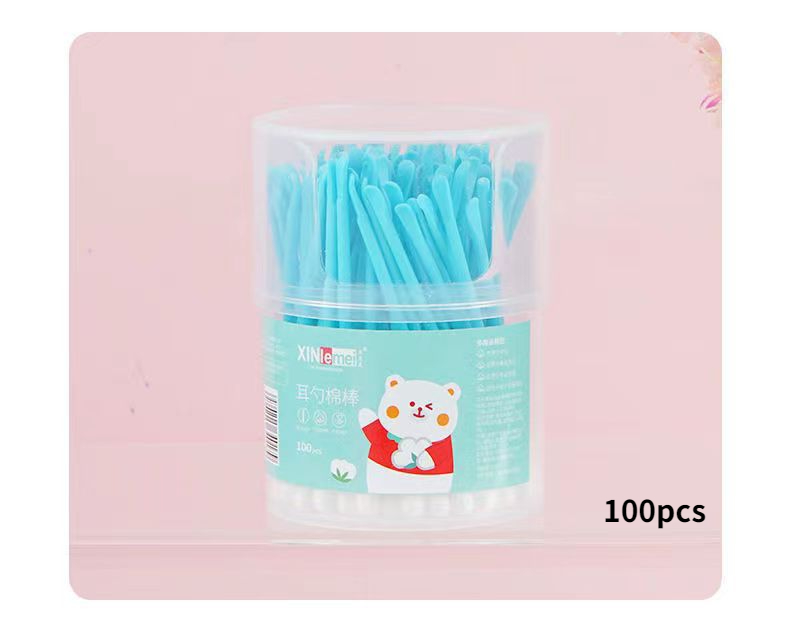 100Pcs 2 In 1 Cotton Swabs with Ear Spoons Plastic Curette Ear Pick Cleaner Ear Cleaner Spoon Portable Makeup Nail Art Sticks: Blue