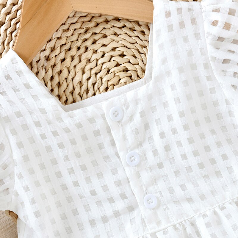 Toddler Baby Girl Mini Dress Short Sleeve Square Neck Solid Hollowed Summer Princess Party Dress Infant Baptism Dress Gown