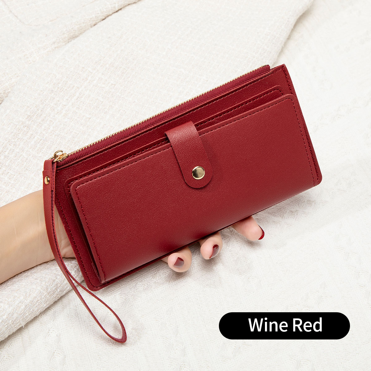 Ultra thin mini PU leather coin purse simple women's long card bag multifunctional handheld credit card holder women's wallet: Burgundy