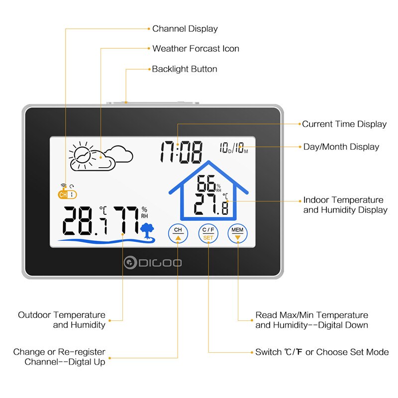 Digoo DG-TH8380 Draadloze Thermometer Hygrometer Touch Screen Weerstation Met Thermometer Outdoor Weerbericht Sensor Klok