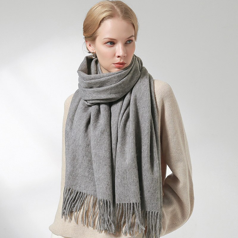 Ryssland ull halsduk kvinnor tjockare varma echarpe wraps damer foulard femme vinter solid kamel merino fina ull halsdukar: Grå