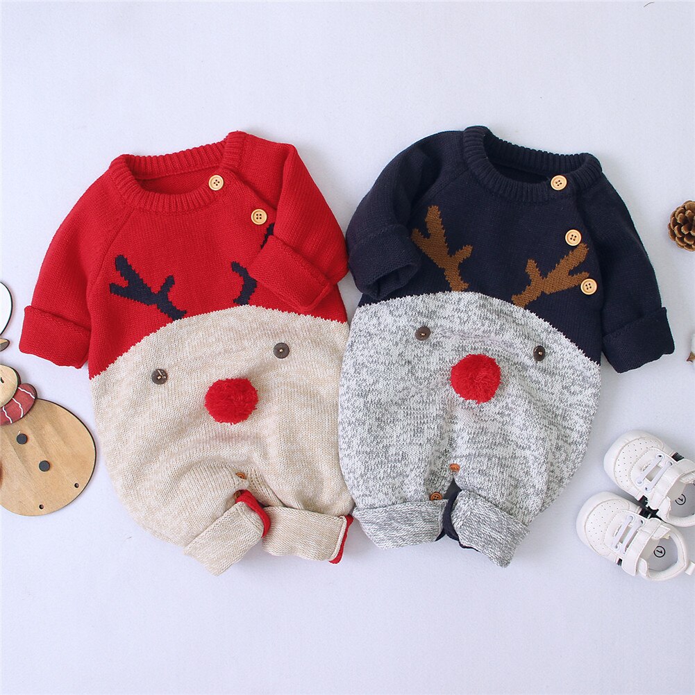 Xmas Newborn Baby Boys Girls Deer Knit pagliaccetto neonati inverno tutina pagliaccetti completi abbigliamento natalizio maglioni spessi pagliaccetti