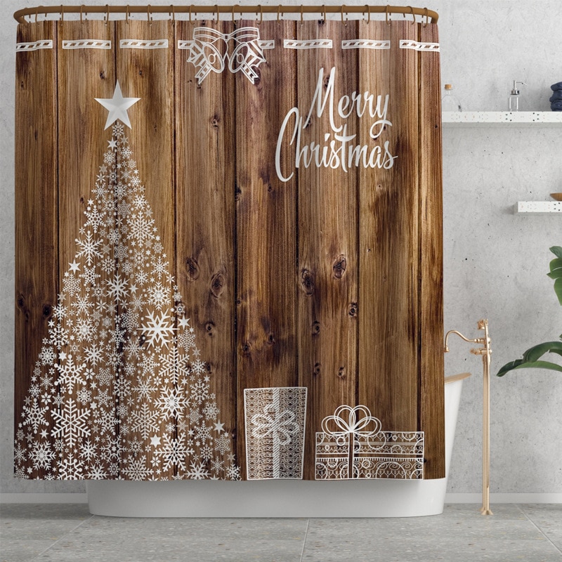 Merry Christmas Shower Curtain Set Bath Mats Rugs Christmas Tree Deer Anti Slip Pads Toilet Cover Bathroom Curtains with Hooks: C Shower Curtains