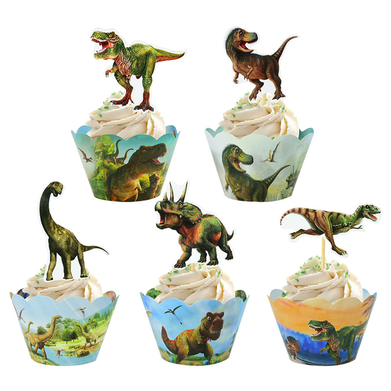24 Uds. Envoltorios para cupcakes de dinosaurios, adornos para pasteles, tema de dinosaurio para niños, animales de la selva, suministros de decoración para pasteles de de cumpleaños