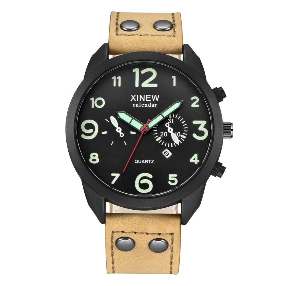 Xinew Men Watch Leather Strap Band Date Quartz Wrist Watch Round Dial For Men Roman Men's Watches Outdoor Clock: G