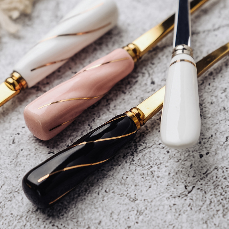 Mini Stainless Steel Dessert Spoon Ceramic handle flower Spoon Teaspoon Gold Coffee Cake Fruit Milk Spoon Kitchen Tableware