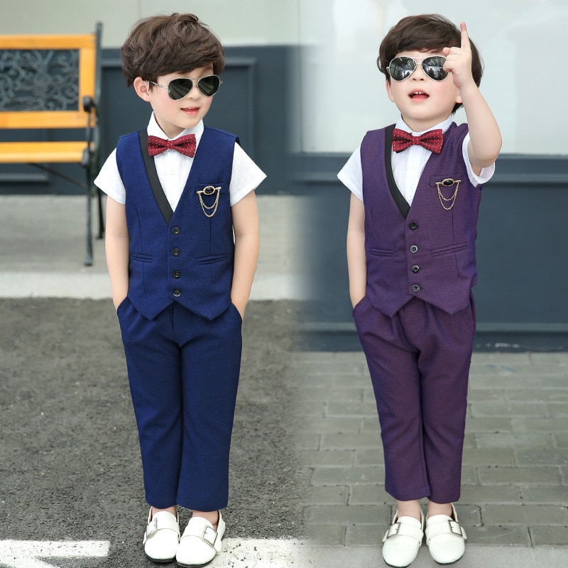 Bloemen Jongens Formele Pak Bruiloft Campus Student Jurk Gentleman Kinderen Jas Vest Broek Bowtie 4 Pcs Ceremonie Kostuums Kleding