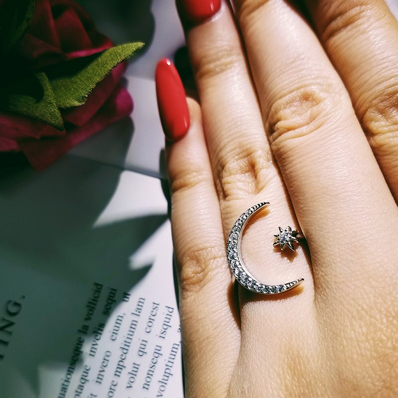 Moda na moda 925 anel de prata esterlina dedo lua estrela anel para mulheres jóias casamento noivado sepcial presente de natal r4596