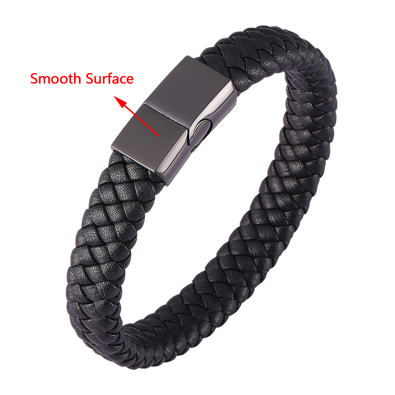 Biżuteria punkowa czarne brązowe plecione skórzane bransoletki męskie ręcznie robiona bransoletka ze stali nierdzewnej zapięcie magnetyczne skórzana bransoletka prezent P740: czarny 0458H / Inner Perimeter175mm
