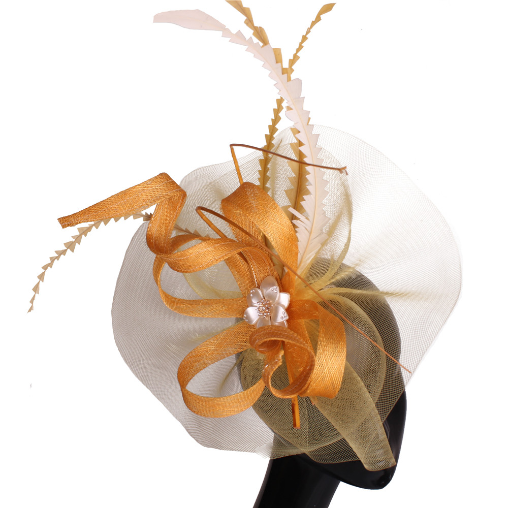 Women Sinamay Fascinators Hair Clip Wedding With Feather Nice Gold Hair Accessories Women Party Hat Wedding Headwear Hair Pins