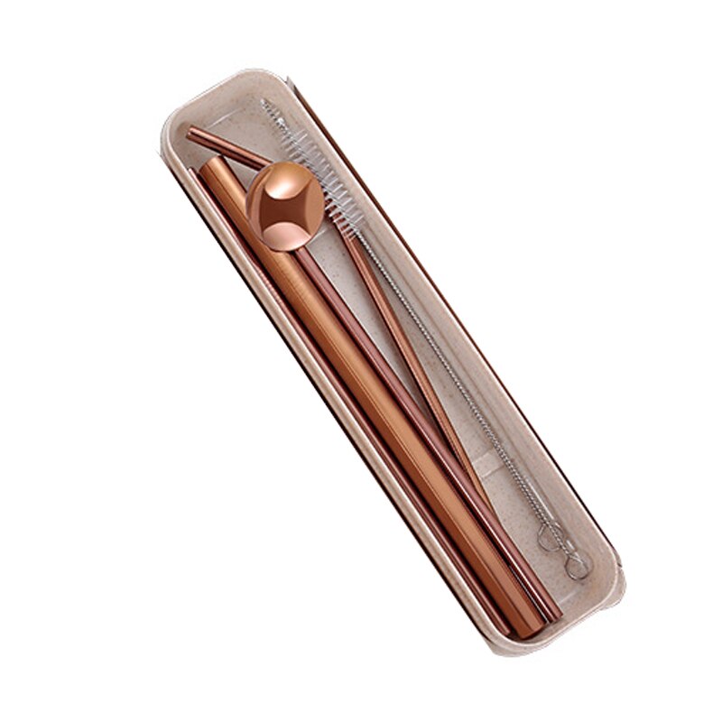 Portable Stainless Steel Straw Set Reusable Color Straw With Cleaning Brush(Set Of 7,1Bent+2Straight+2 Brush+1Spoon+1Box): Rose gold