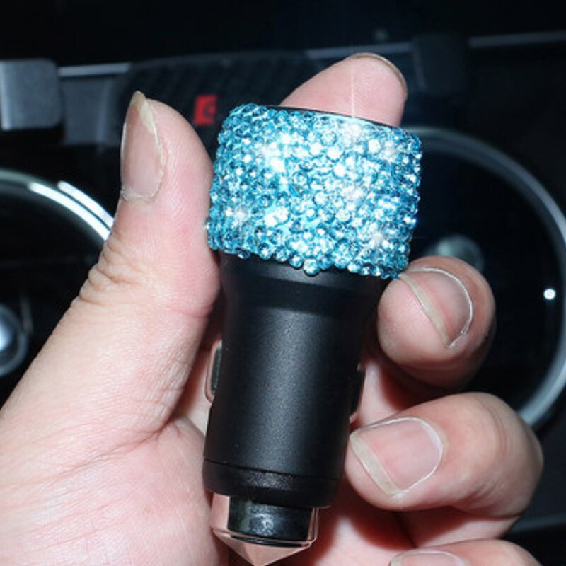 Cargador USB Dual para coche, accesorio para teléfono móvil, tableta, GPS, Cable de diamante de cristal, encendedor de cigarrillos, con Cable USB para teléfono: Blue Charger 1